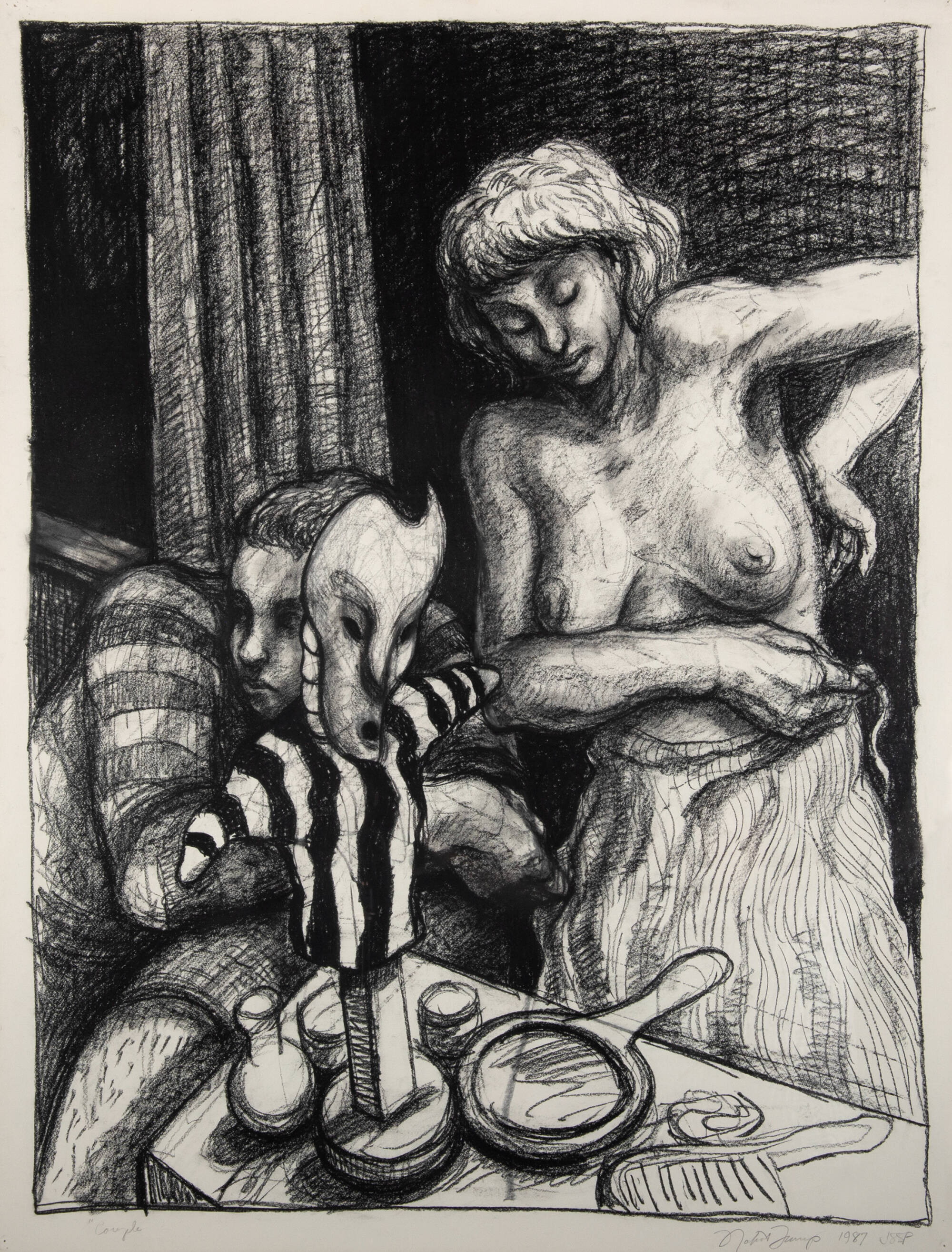 Black and white drawing of a nude woman putting on a skirt, next to a man resting on a couch. Table near both figures has a jester doll, mirror, comb, and other items.